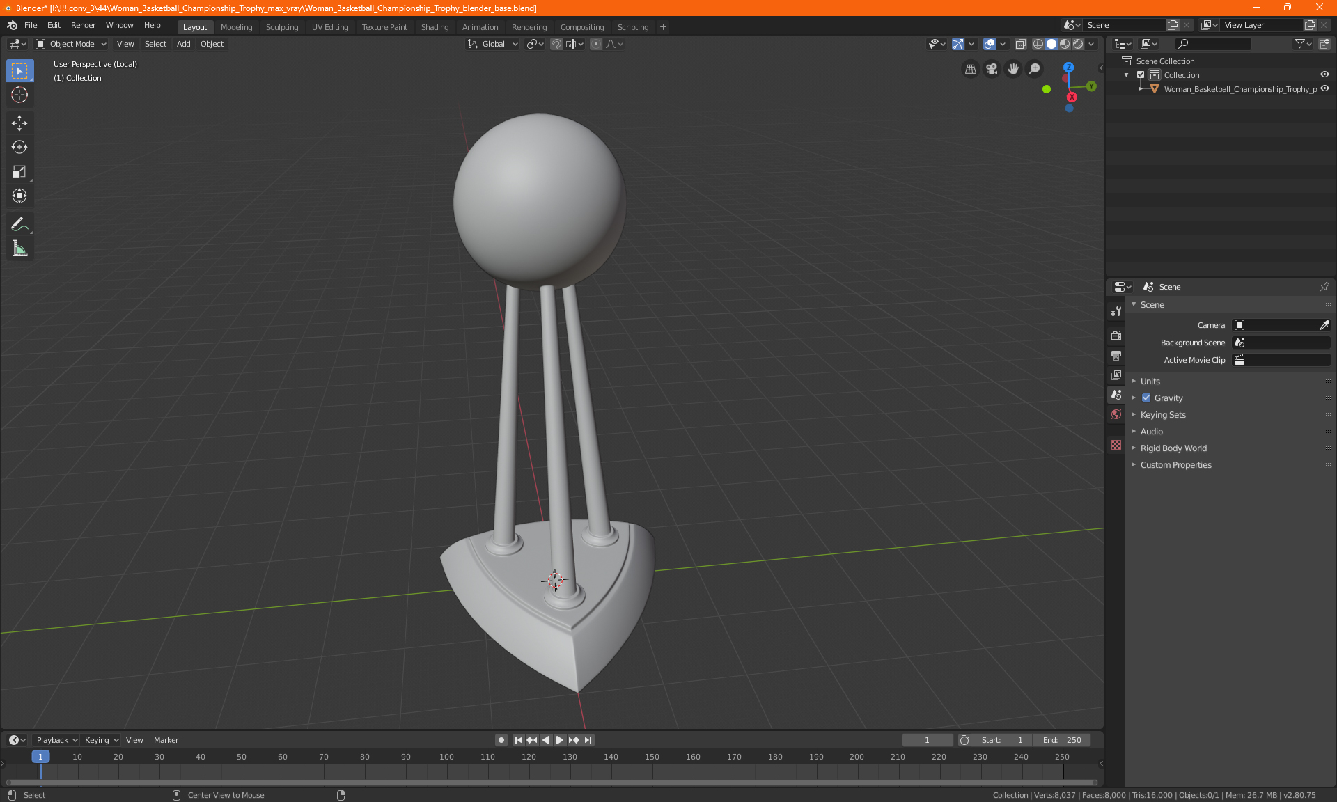 3D Woman Basketball Championship Trophy