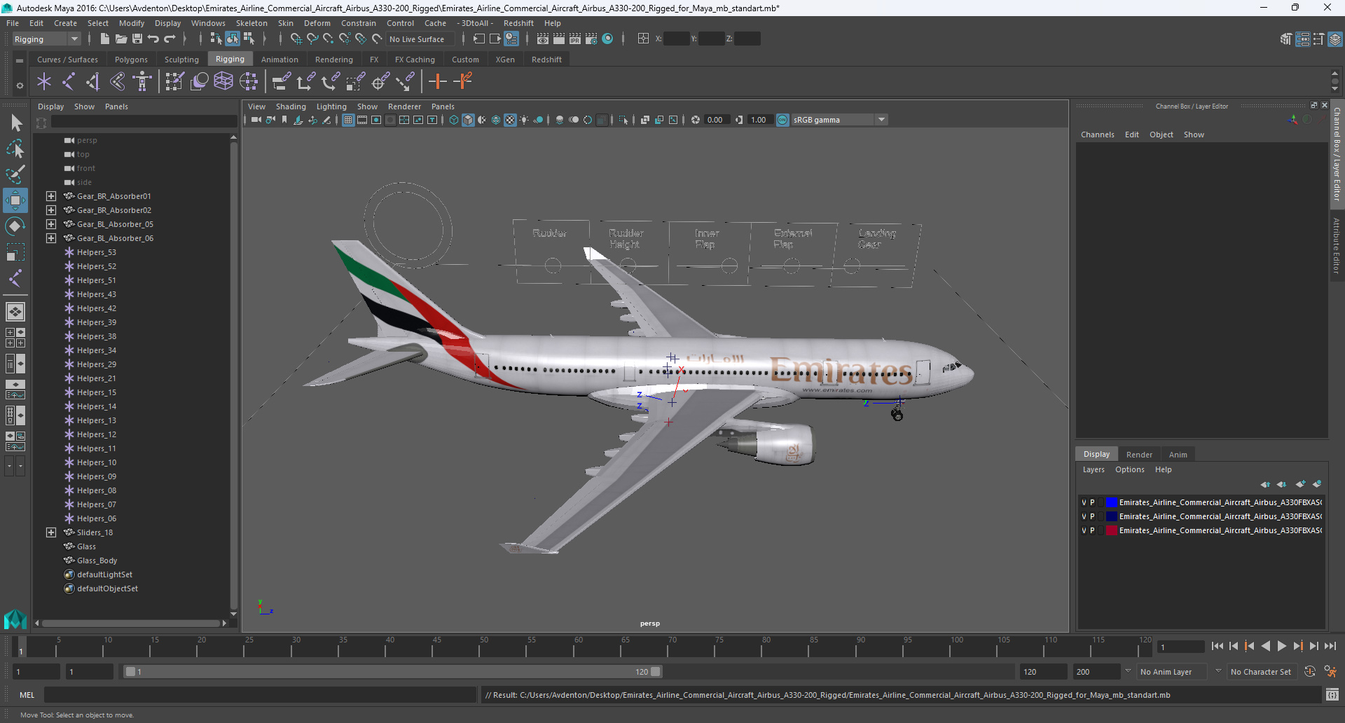 3D Emirates Airline Commercial Aircraft Airbus A330-200 Rigged for Maya model