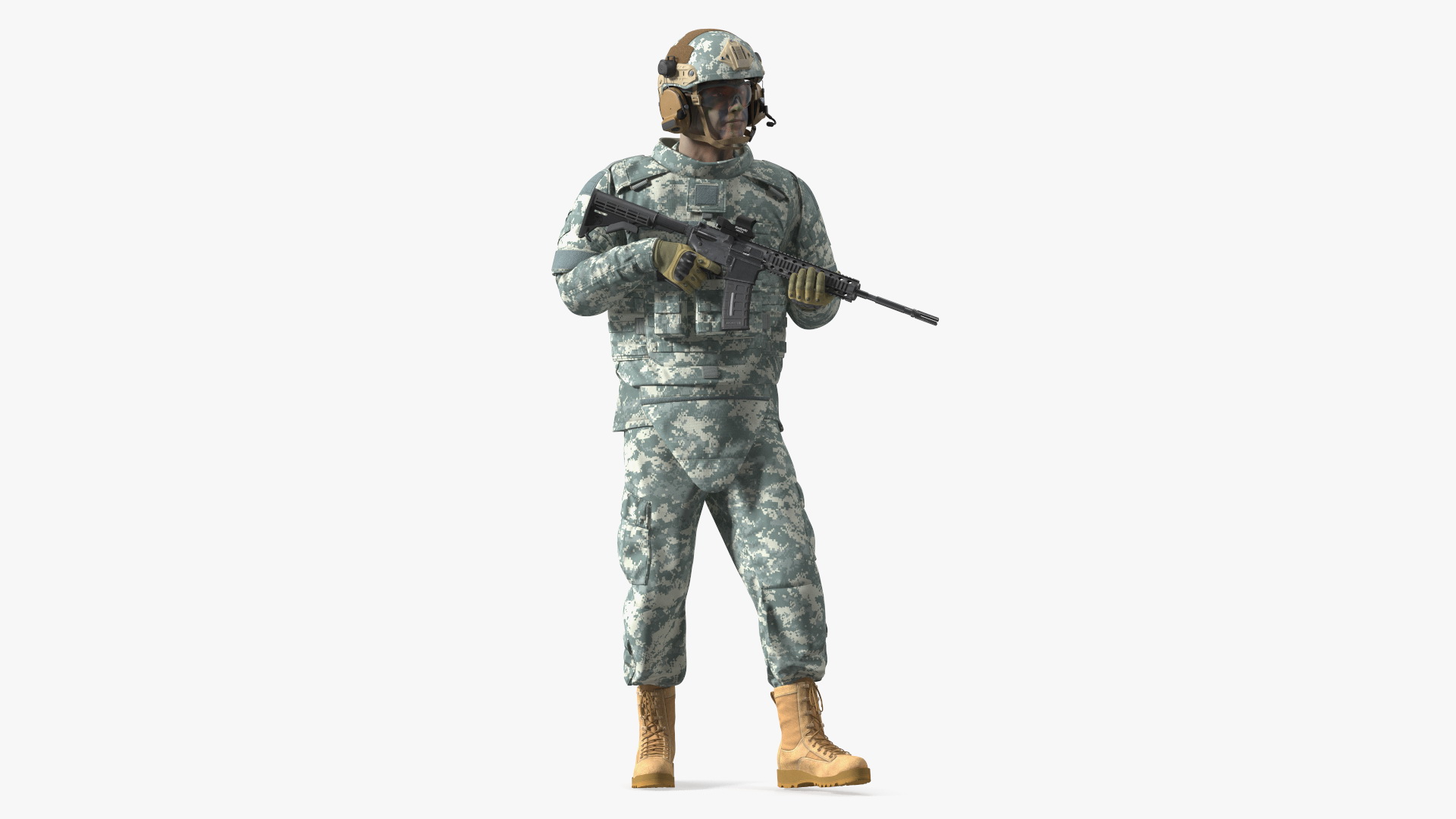 3D Fully Equipped Military Soldier in Grey Camo Walking Fur