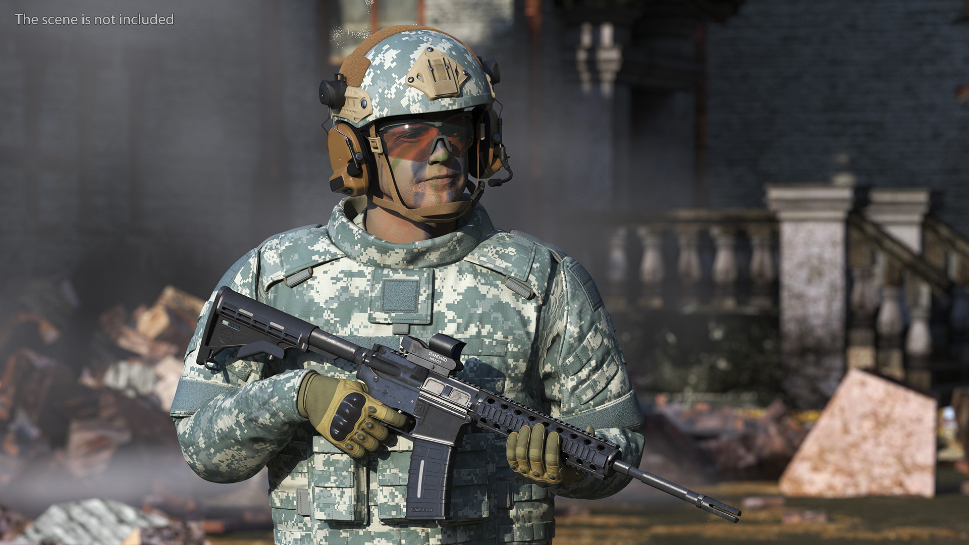 3D Fully Equipped Military Soldier in Grey Camo Walking Fur