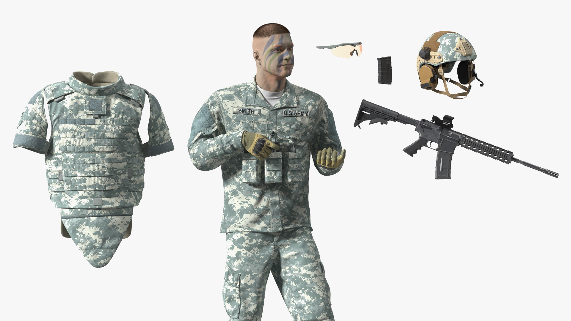 3D Fully Equipped Military Soldier in Grey Camo Walking Fur