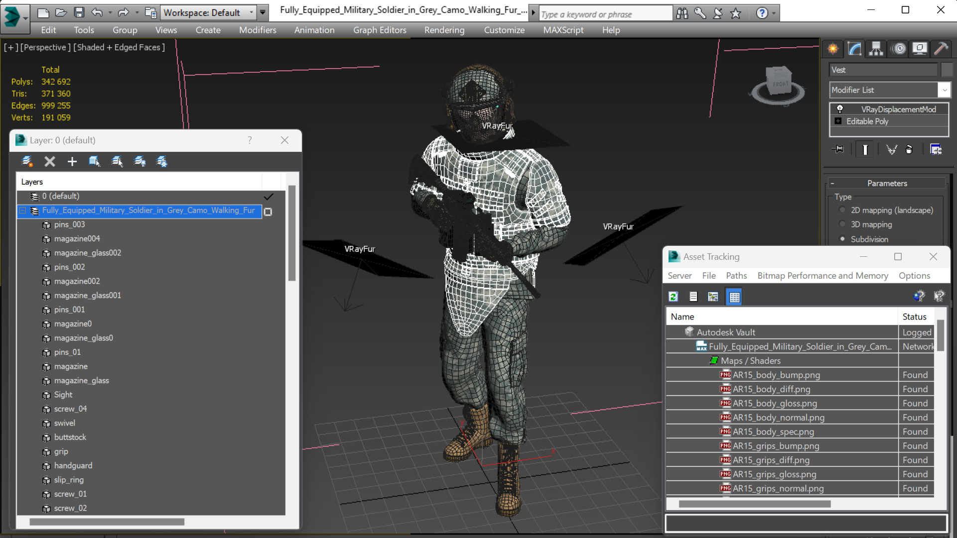 3D Fully Equipped Military Soldier in Grey Camo Walking Fur