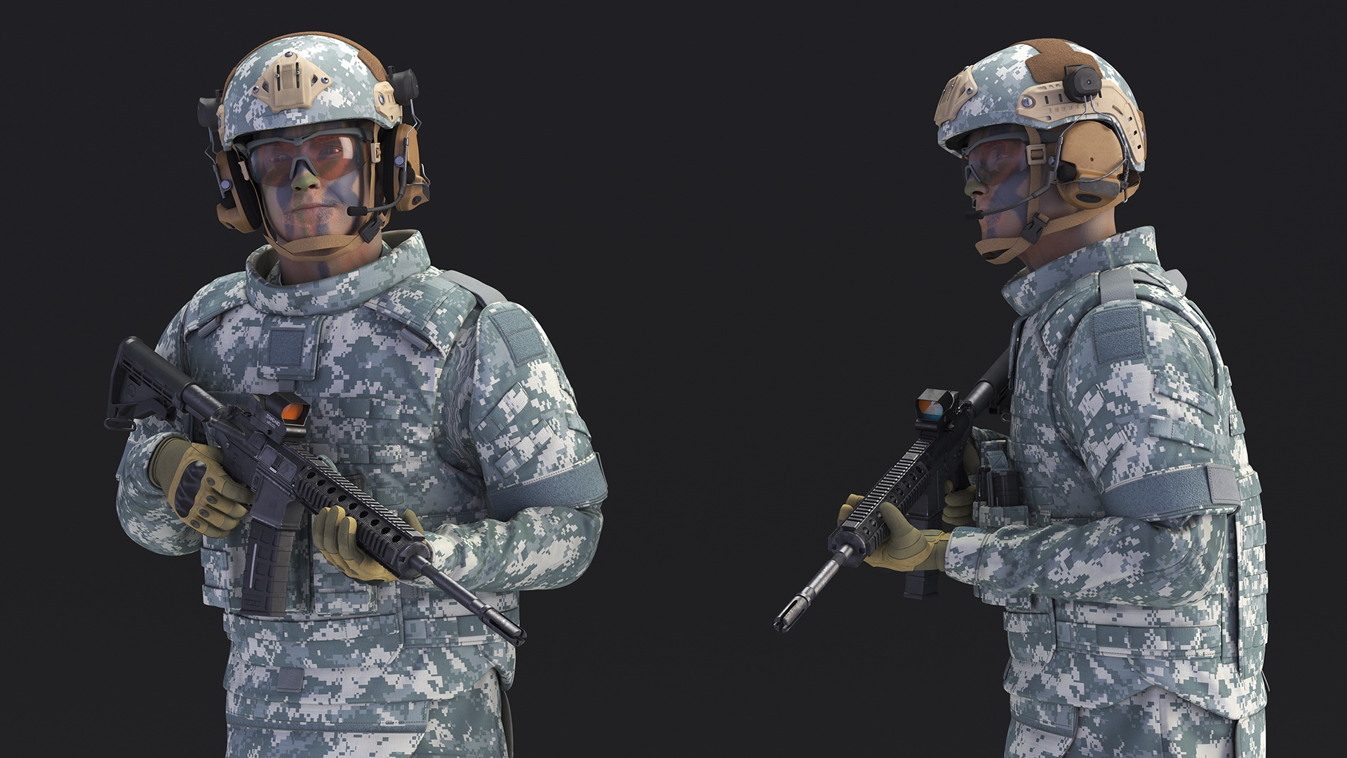 3D Fully Equipped Military Soldier in Grey Camo Walking Fur