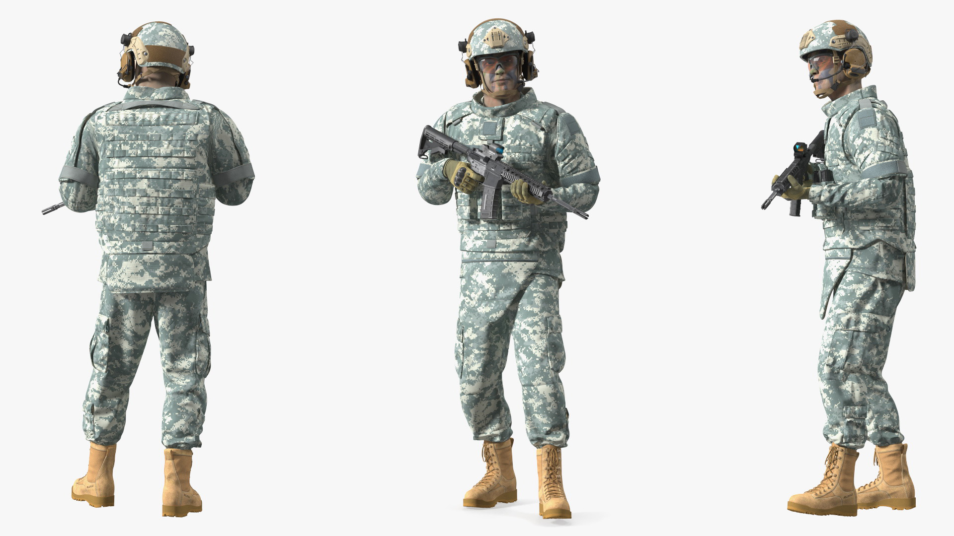 3D Fully Equipped Military Soldier in Grey Camo Walking Fur