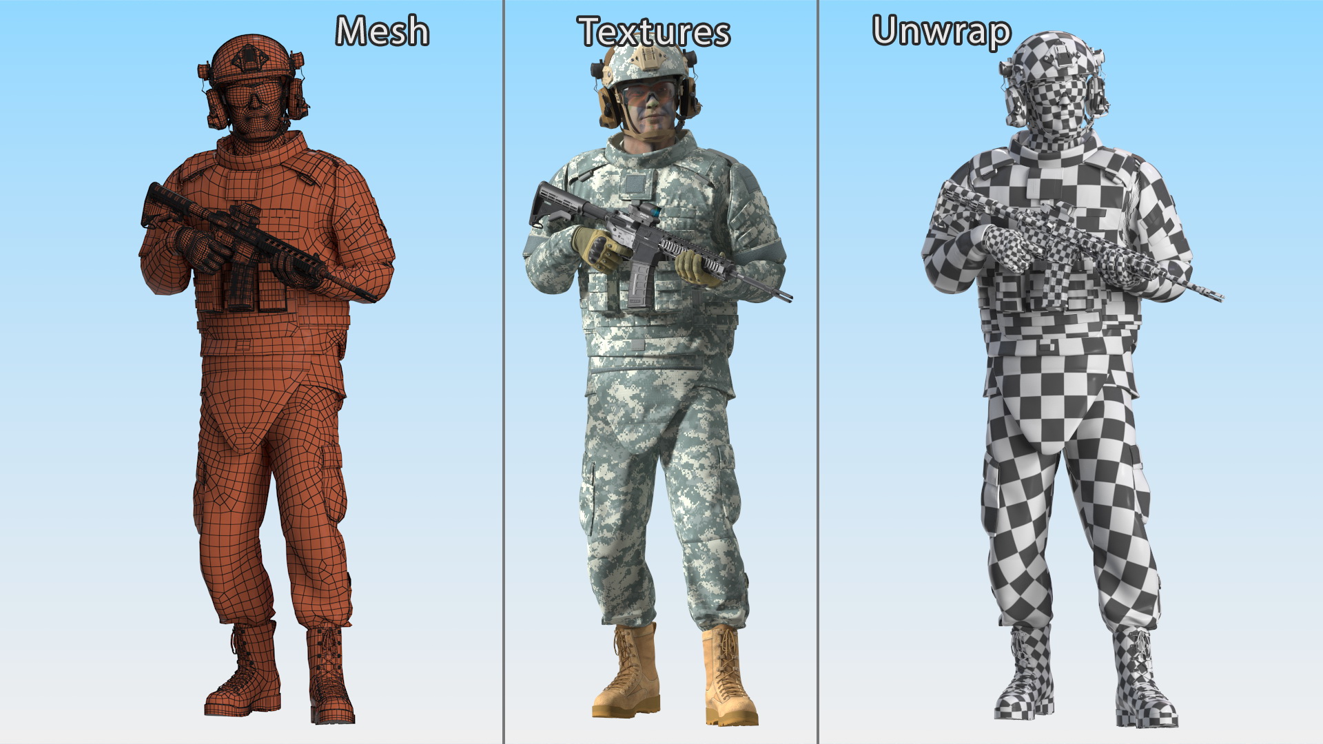 3D Fully Equipped Military Soldier in Grey Camo Walking Fur