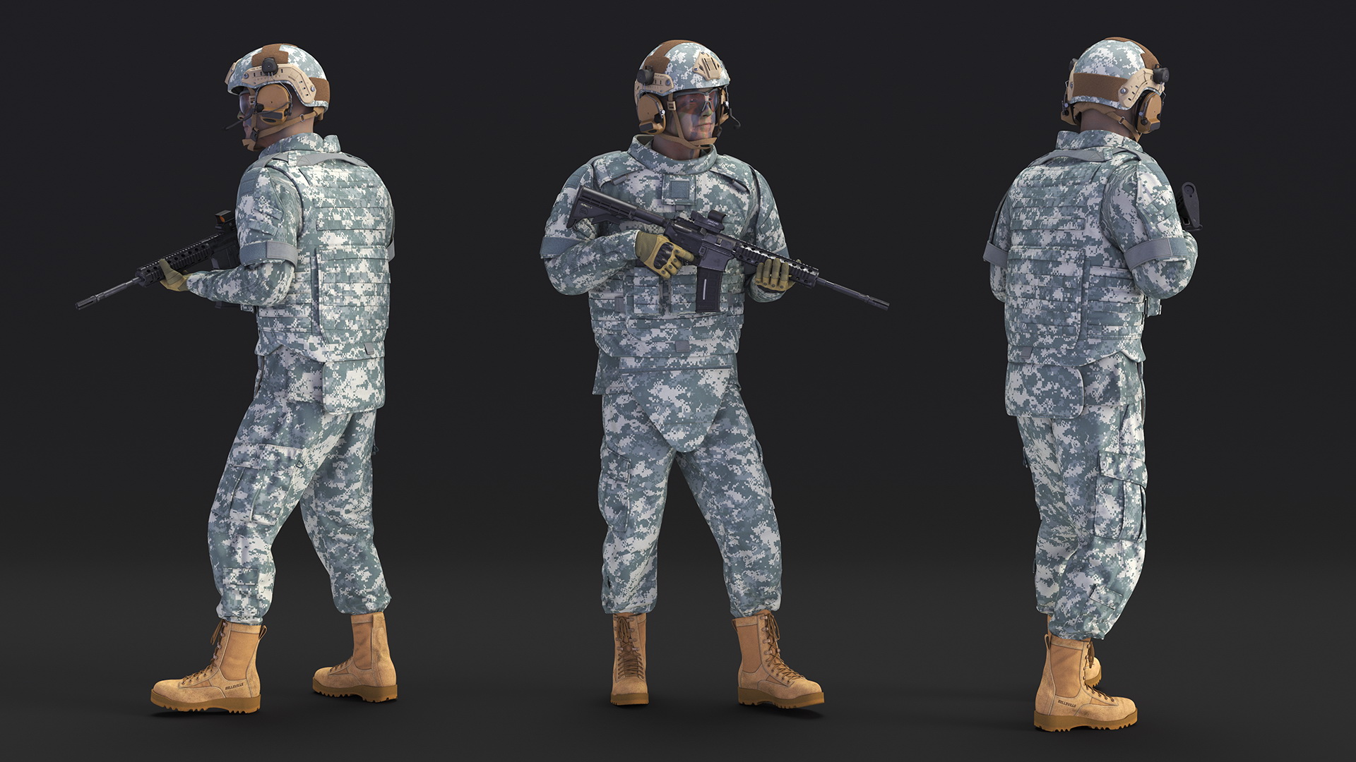 3D Fully Equipped Military Soldier in Grey Camo Walking Fur