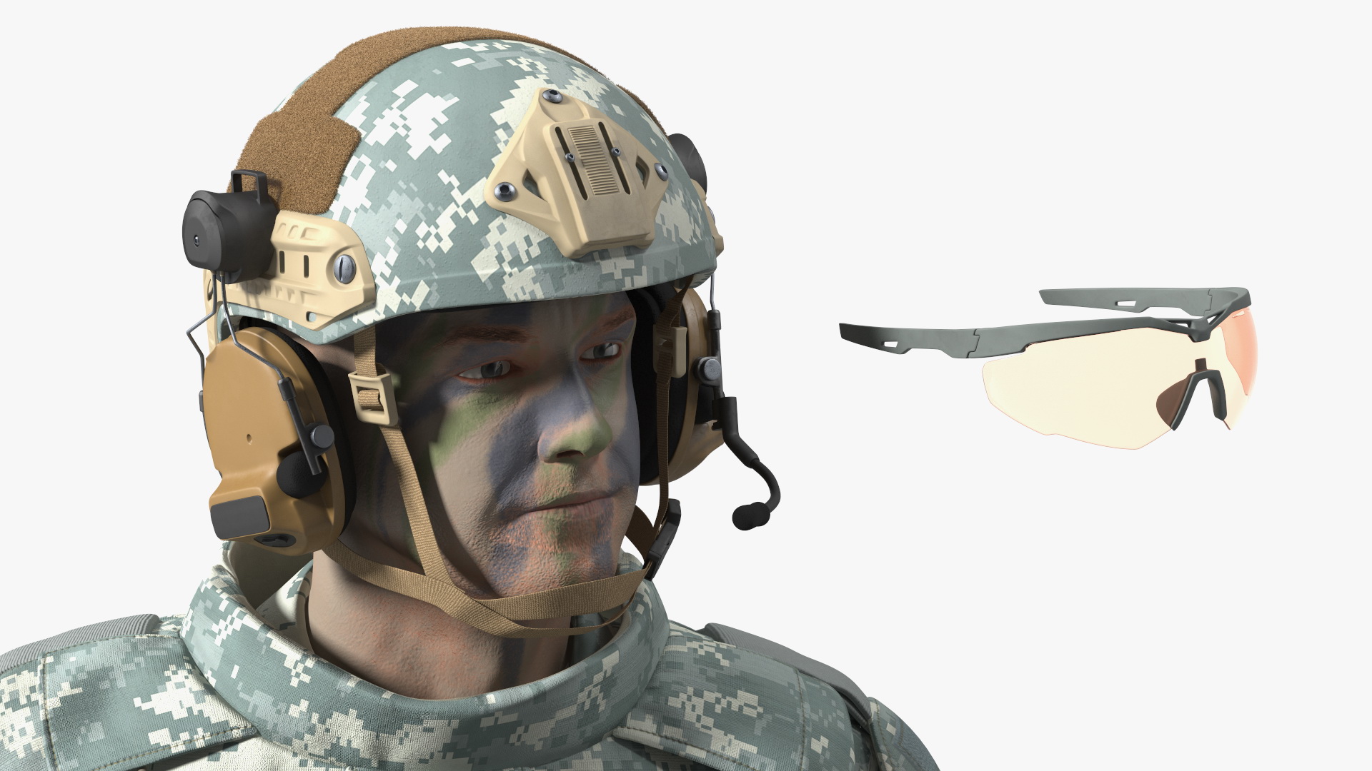 3D Fully Equipped Military Soldier in Grey Camo Walking Fur