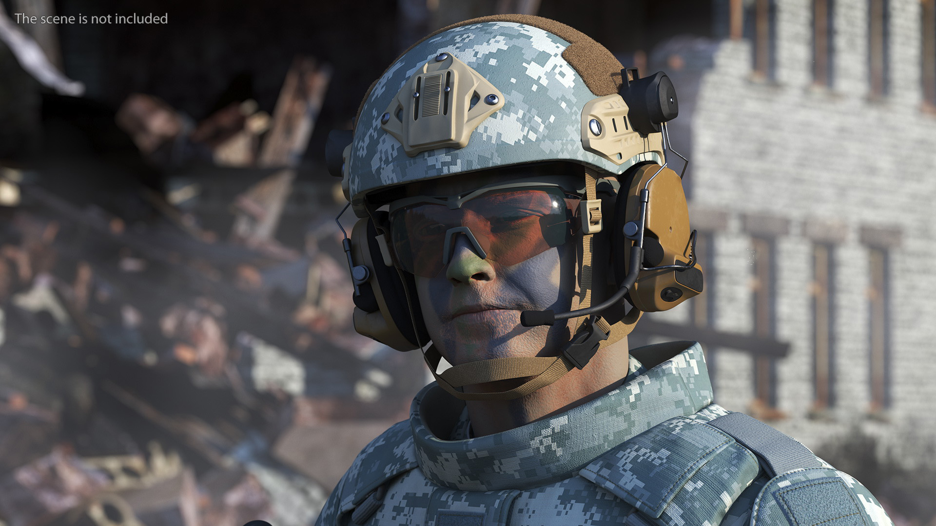 3D Fully Equipped Military Soldier in Grey Camo Walking Fur