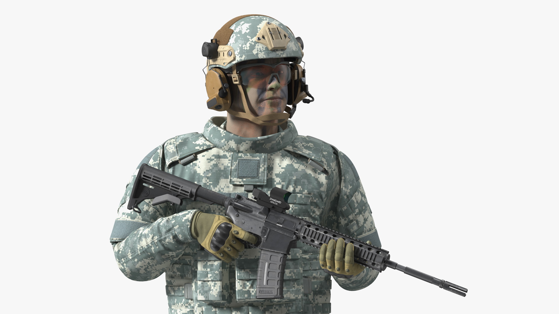 3D Fully Equipped Military Soldier in Grey Camo Walking Fur
