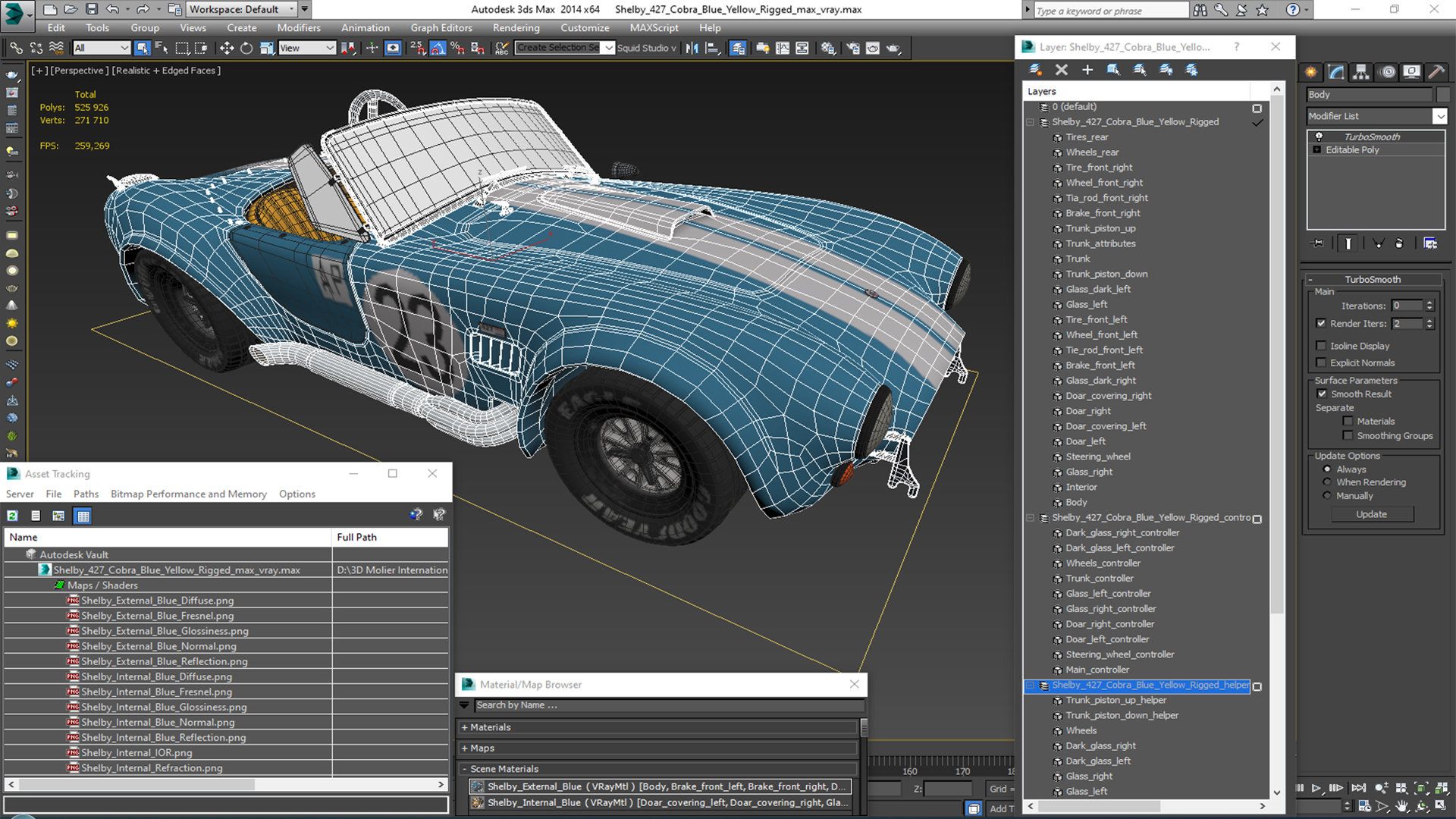 3D model Shelby 427 Cobra Blue Yellow Rigged