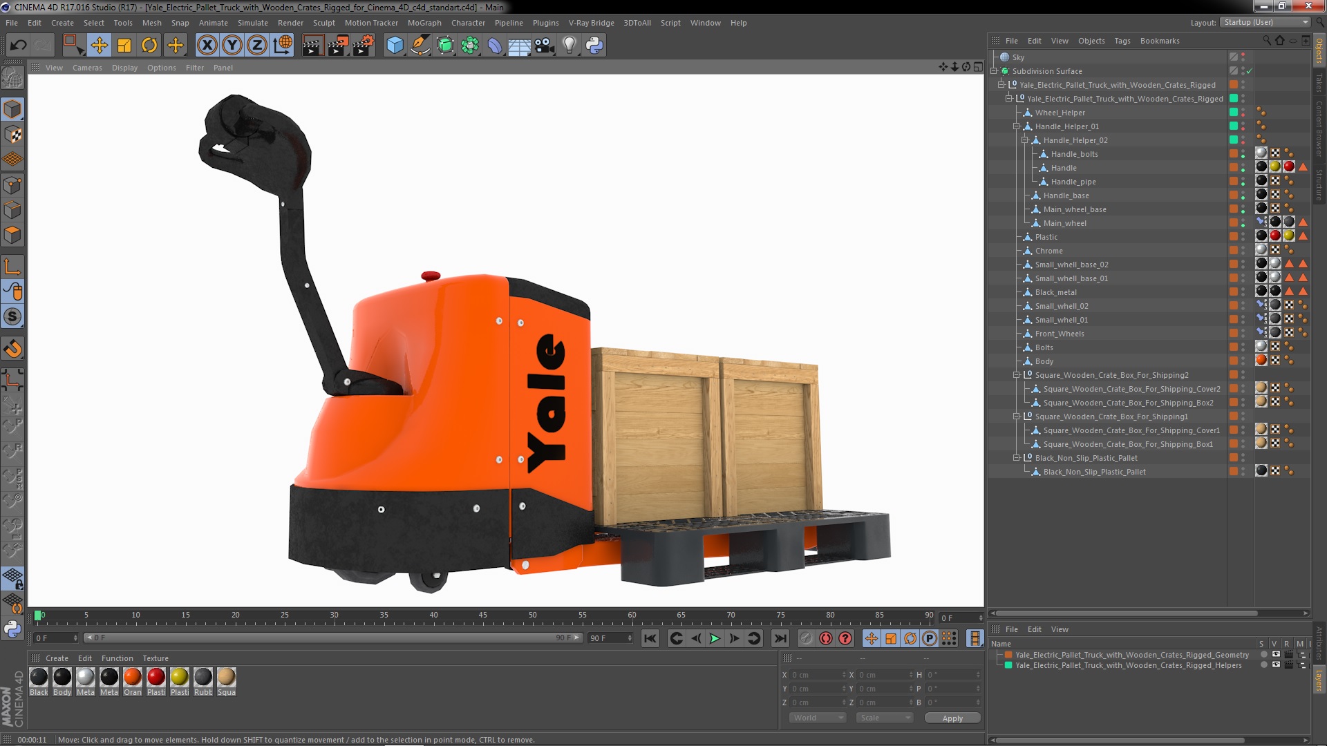 3D Yale Electric Pallet Truck with Wooden Crates Rigged for Cinema 4D