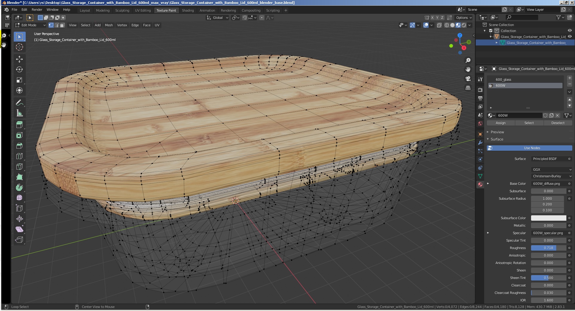 3D model Glass Storage Container with Bamboo Lid 600ml