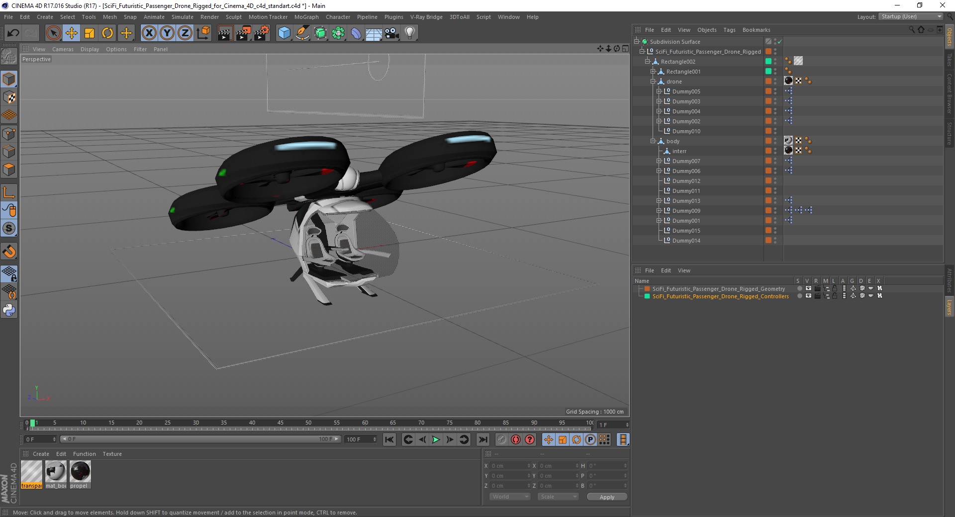 3D SciFi Futuristic Passenger Drone Rigged for Cinema 4D model