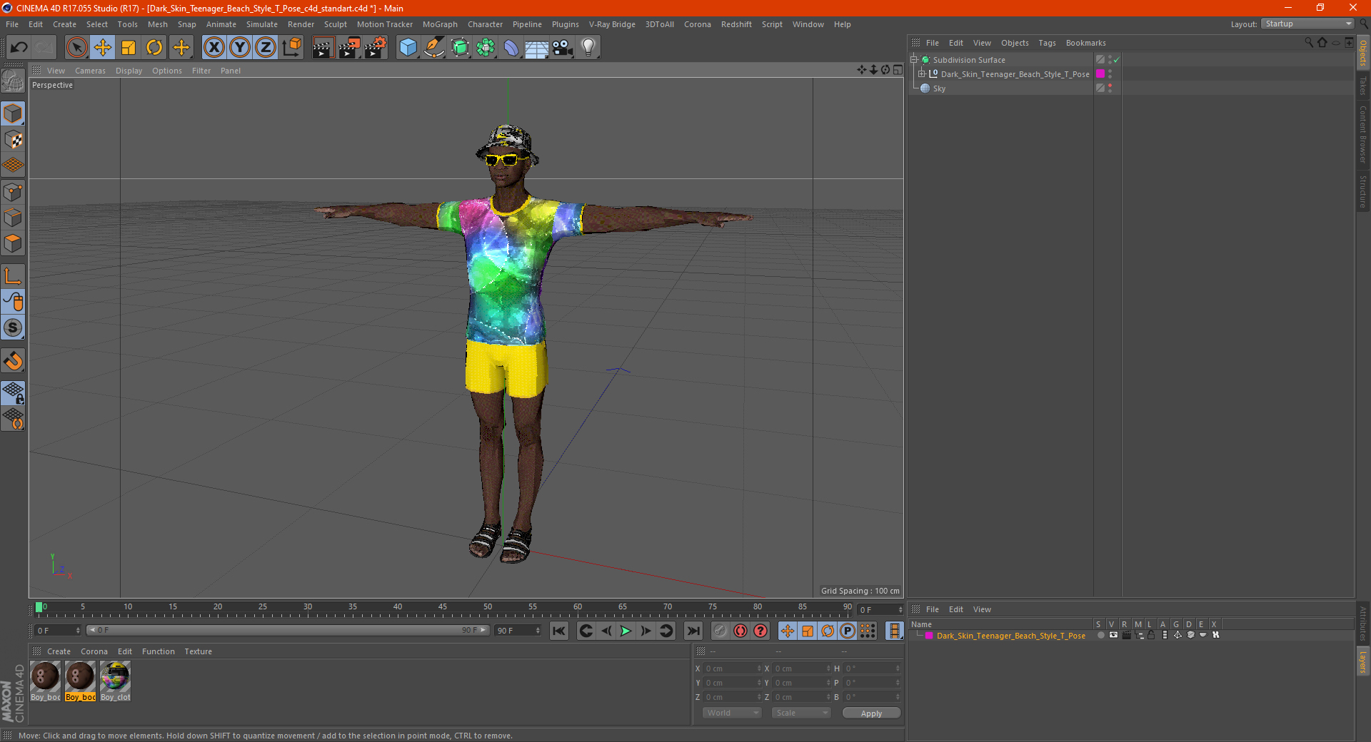 Dark Skin Teenager Beach Style T Pose 3D
