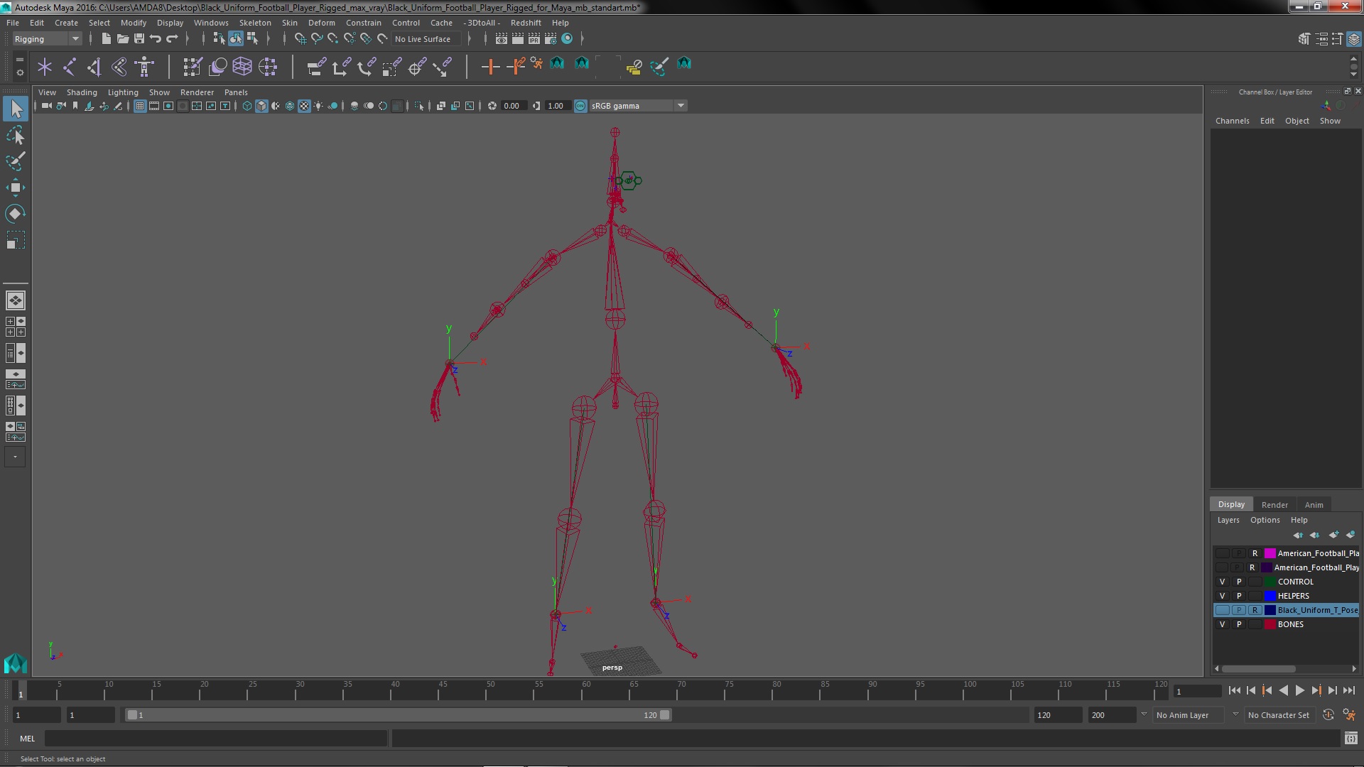 3D model Black Uniform Football Player Rigged for Maya