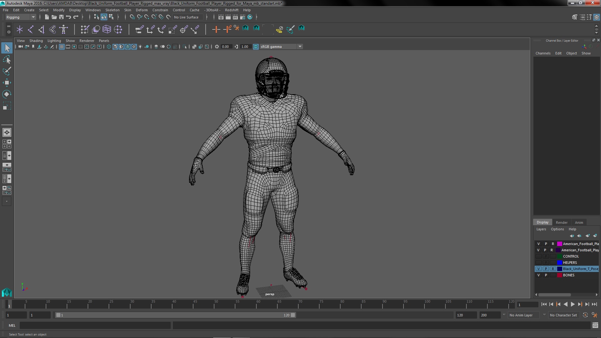 3D model Black Uniform Football Player Rigged for Maya