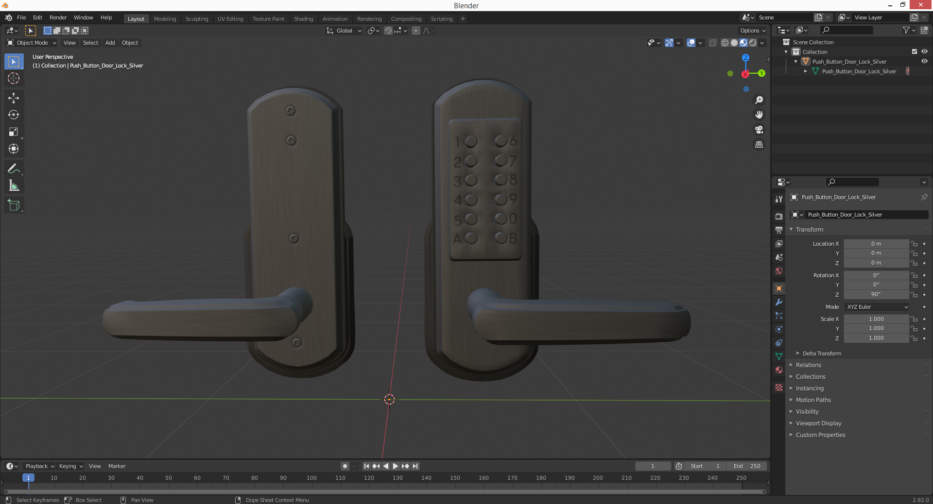 3D Push Button Door Lock Silver model