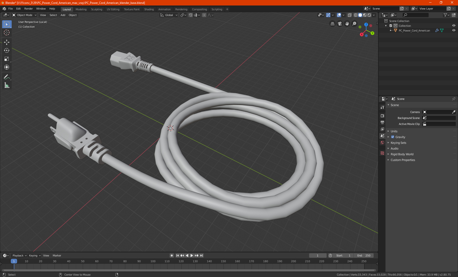 PC Power Cord European 3D