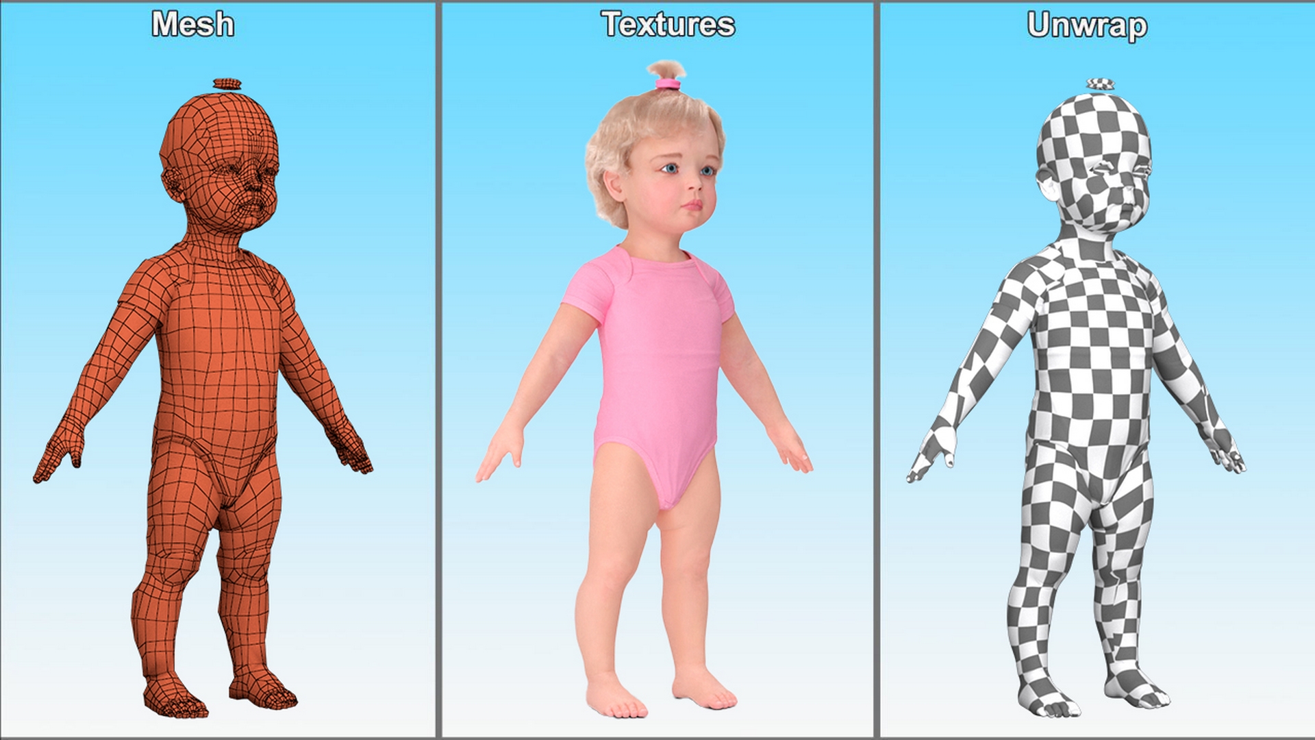 Baby Girl Wearing Bodysuit A-Pose Fur 3D