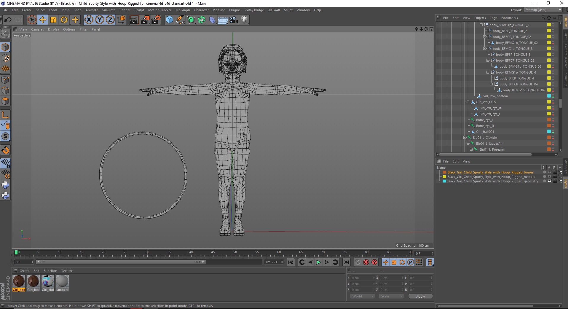 3D model Black Girl Child Sporty Style with Hoop Rigged for Cinema 4D