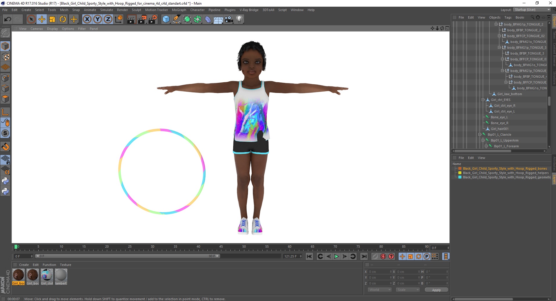 3D model Black Girl Child Sporty Style with Hoop Rigged for Cinema 4D
