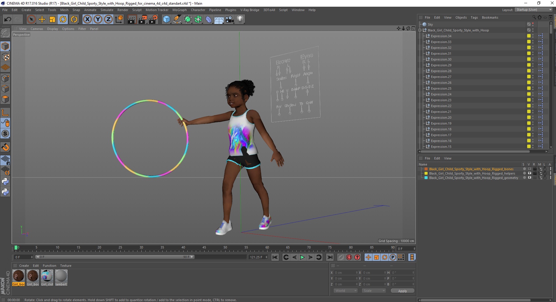 3D model Black Girl Child Sporty Style with Hoop Rigged for Cinema 4D