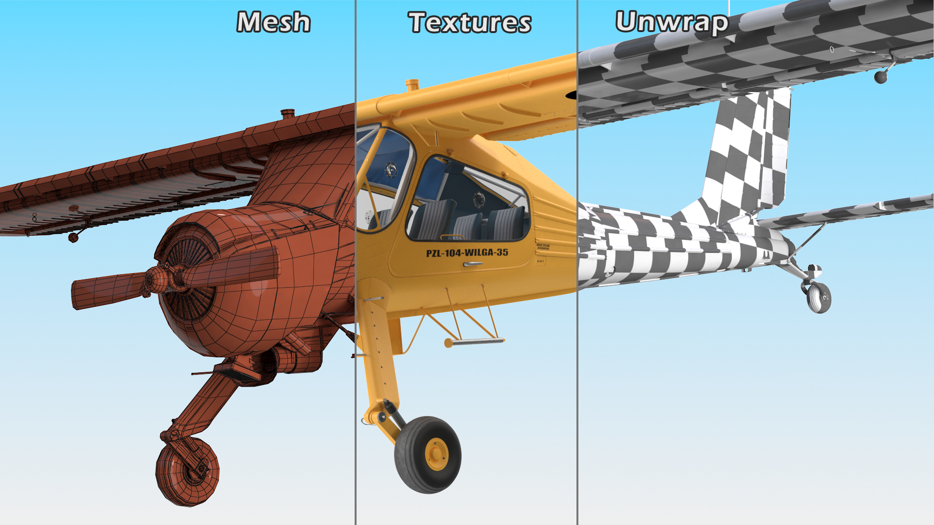 3D model Aircraft PZL 104 Wilga Yellow Rigged for Cinema 4D