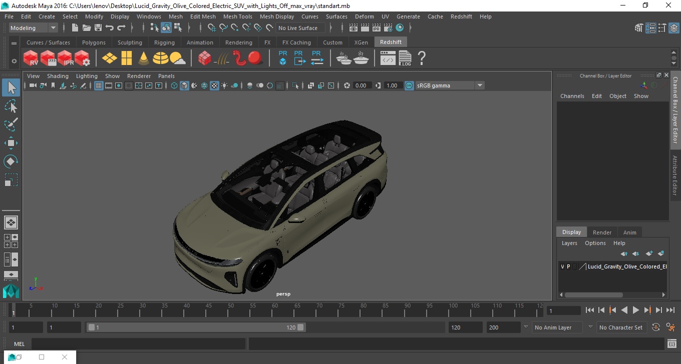 3D Lucid Gravity Olive Colored Electric SUV with Lights Off