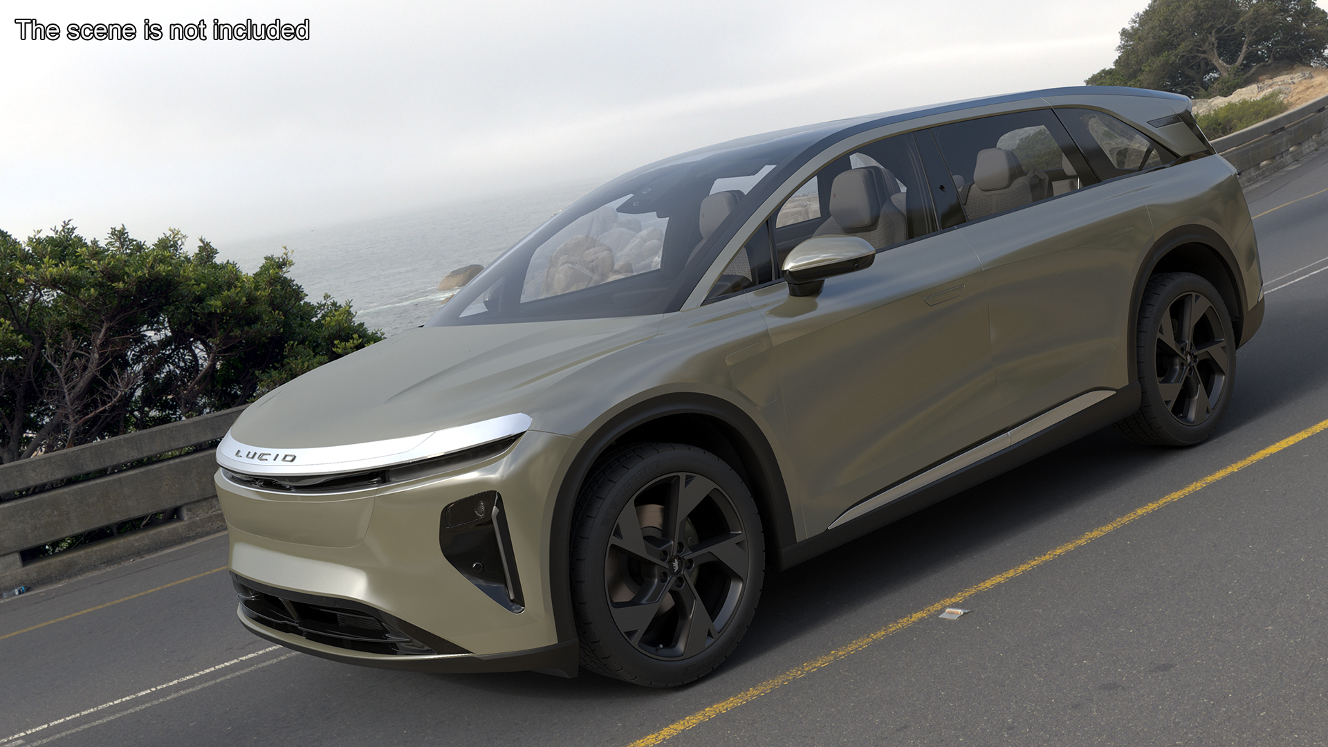 3D Lucid Gravity Olive Colored Electric SUV with Lights Off