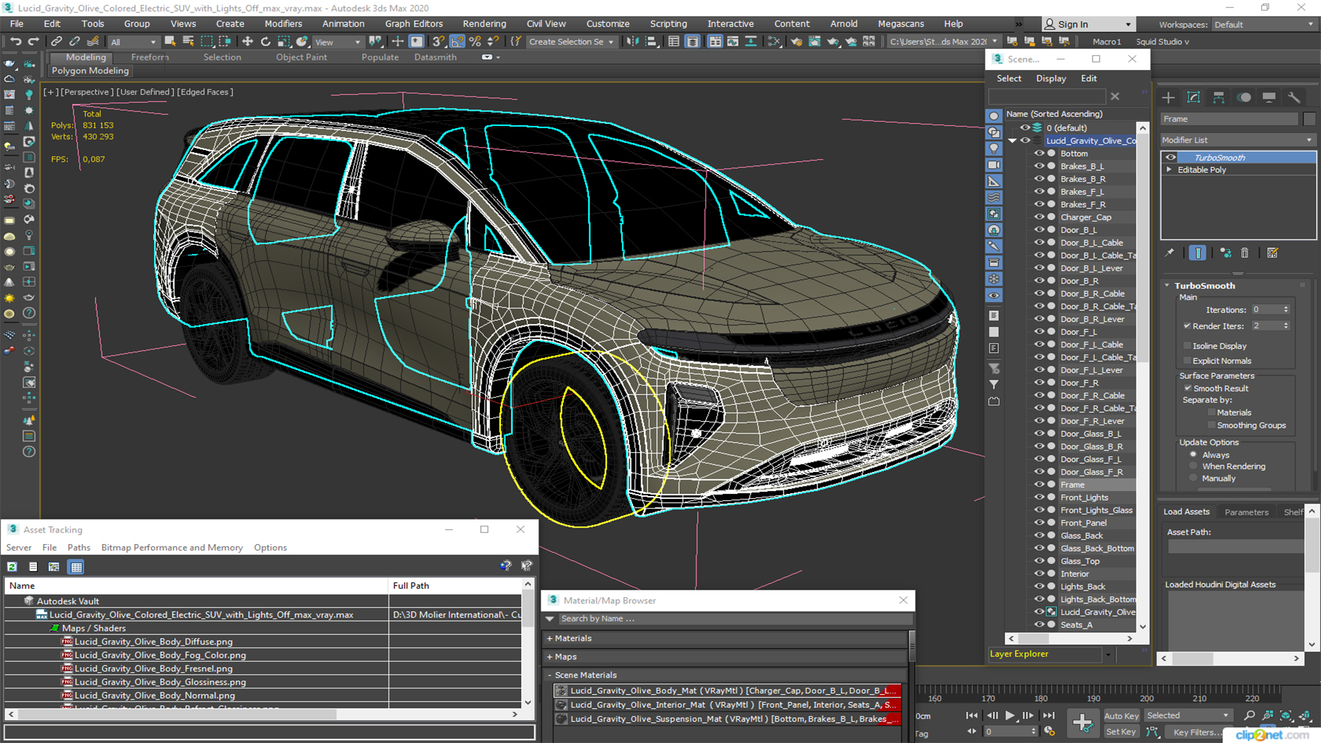 3D Lucid Gravity Olive Colored Electric SUV with Lights Off