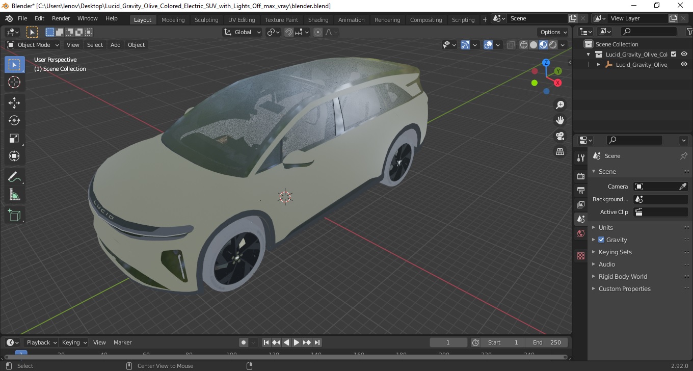 3D Lucid Gravity Olive Colored Electric SUV with Lights Off