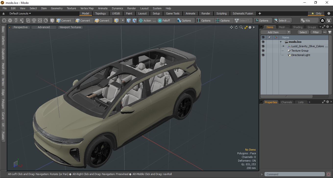 3D Lucid Gravity Olive Colored Electric SUV with Lights Off