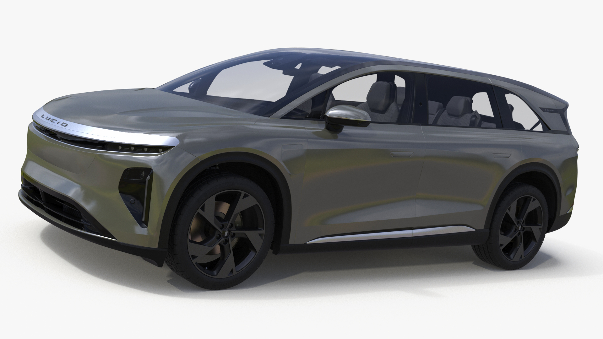 3D Lucid Gravity Olive Colored Electric SUV with Lights Off