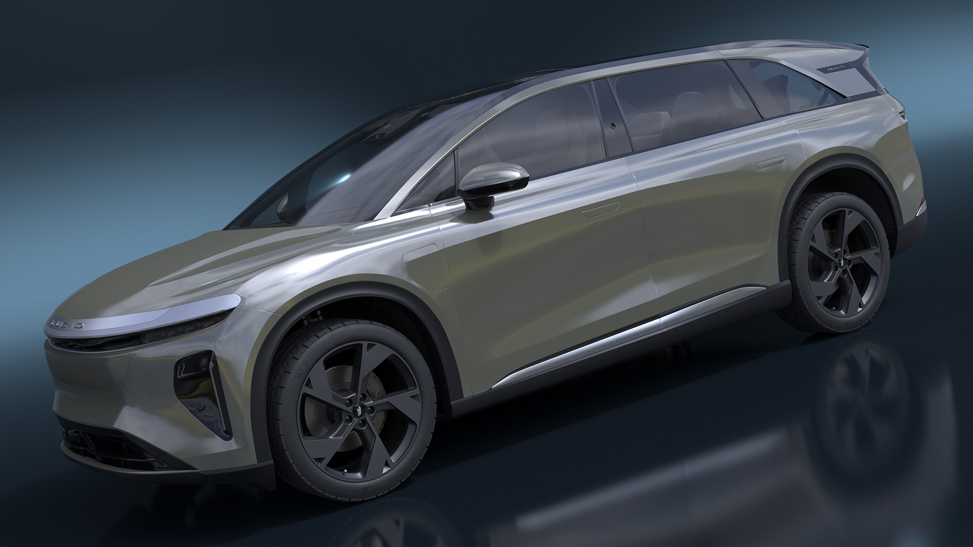 3D Lucid Gravity Olive Colored Electric SUV with Lights Off
