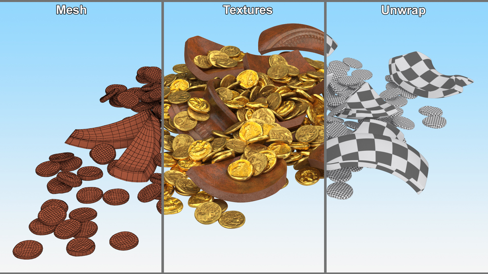 3D Broken Clay Pot with Gold Coins