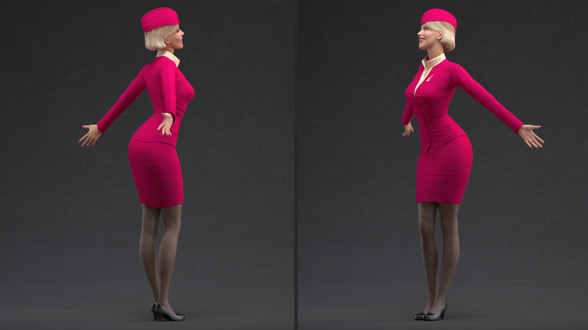 Flight Attendant in Maroon Dress 3D