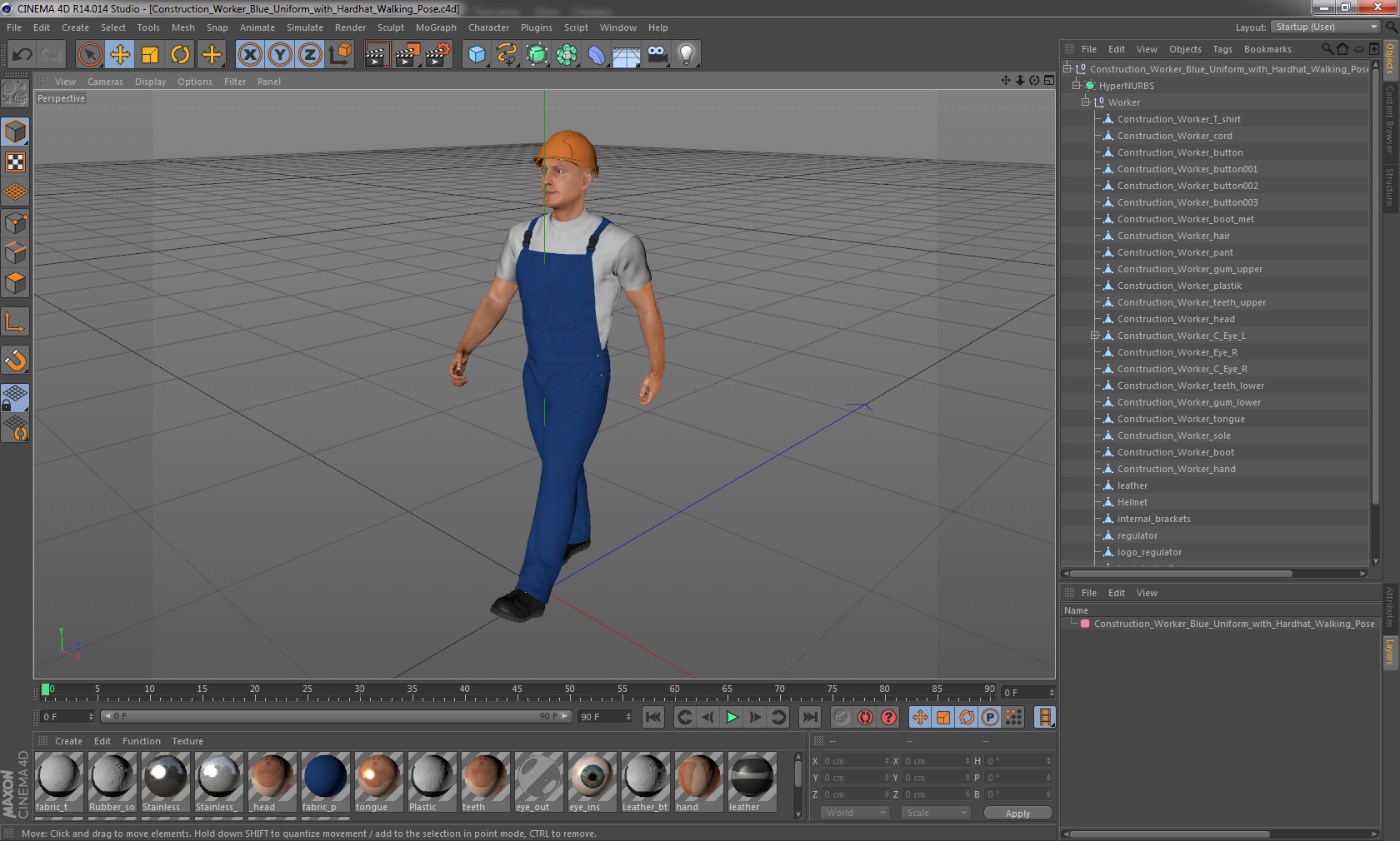 3D Construction Worker Blue Uniform with Hardhat Walking Pose model