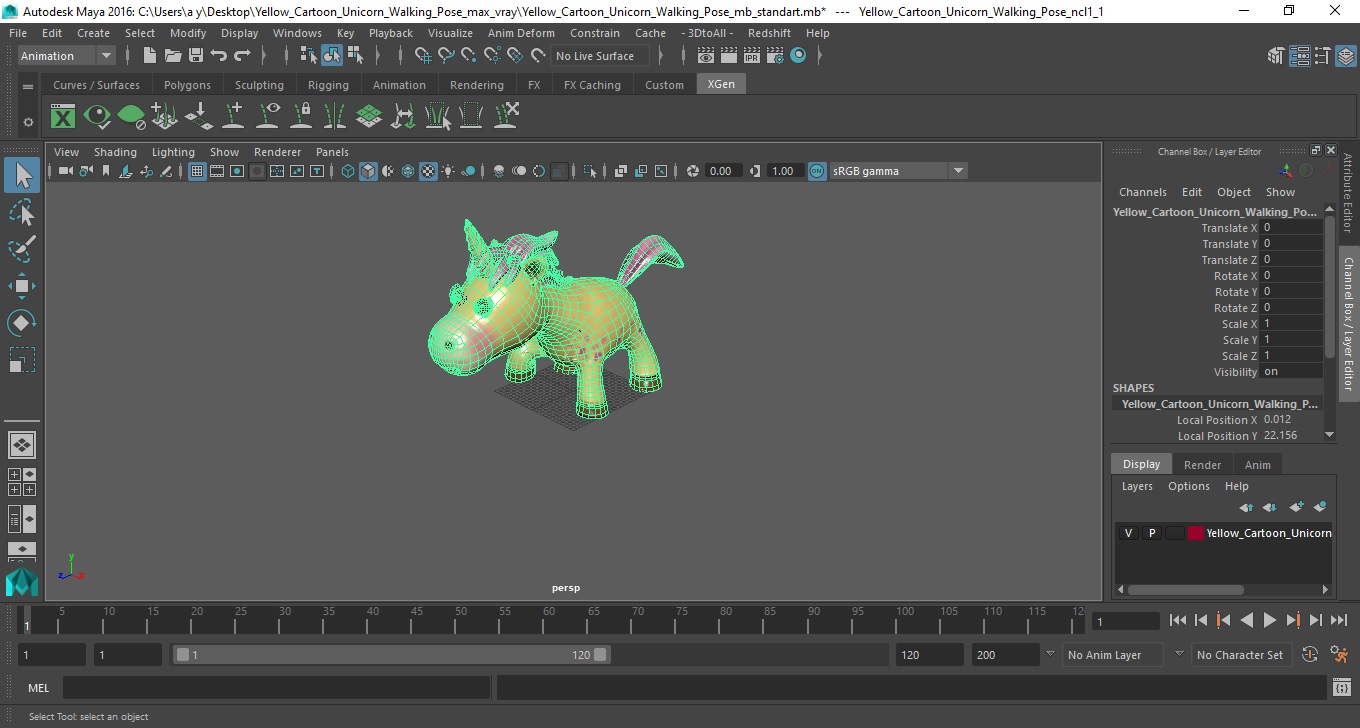 3D model Yellow Cartoon Unicorn Walking Pose