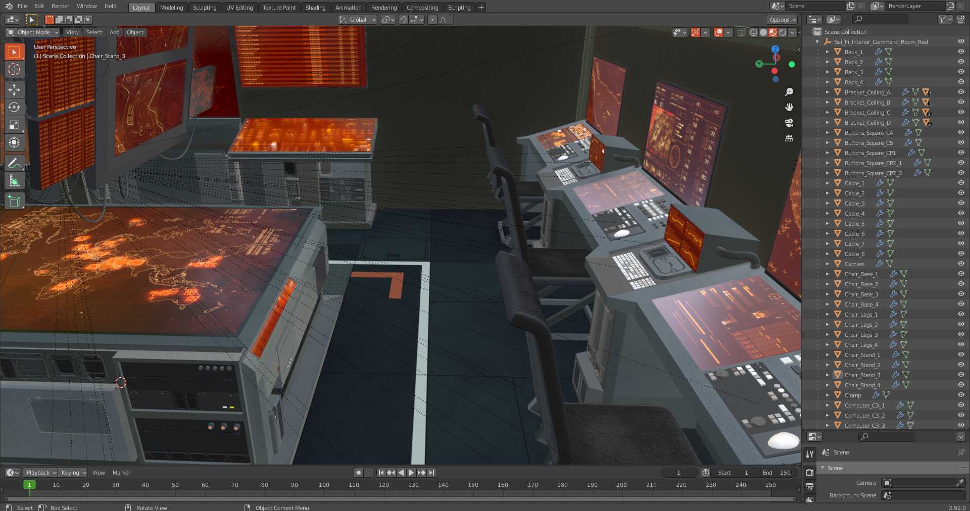 Sci Fi Interior Command Room Red 3D