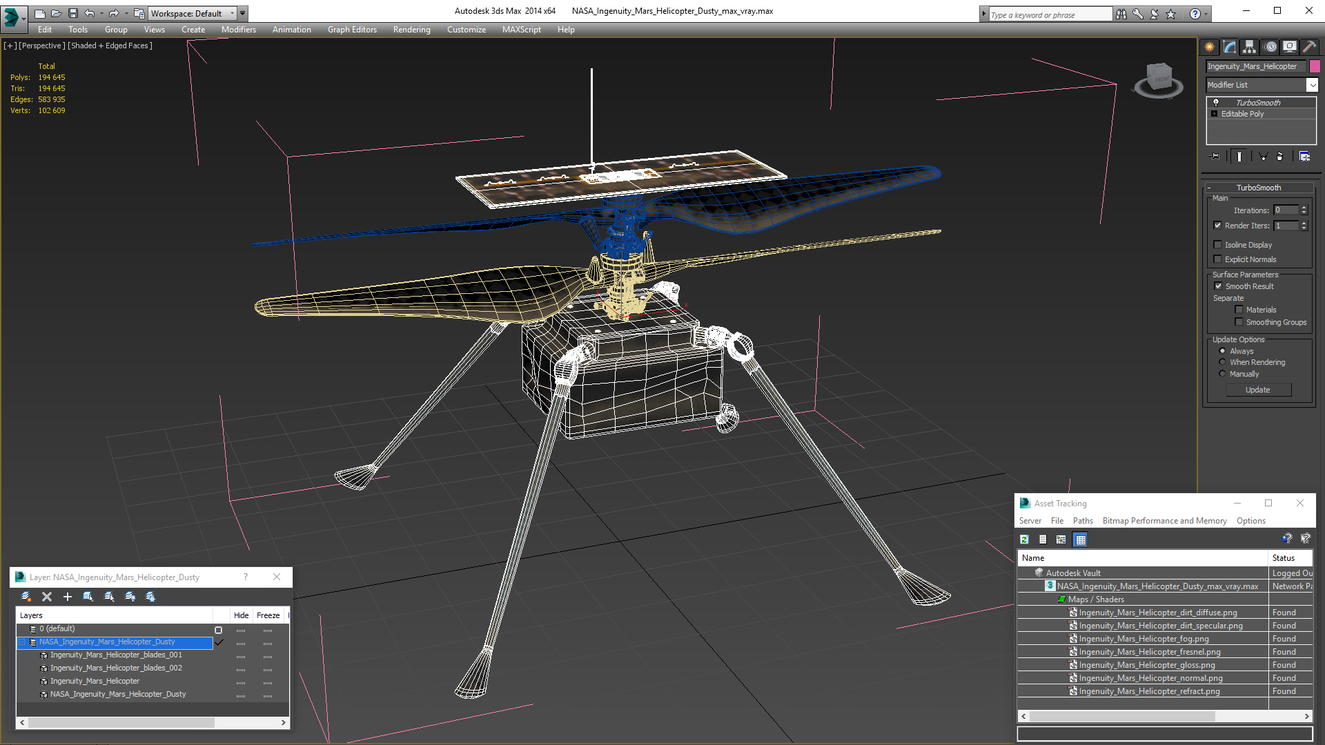 3D NASA Ingenuity Mars Helicopter Dusty