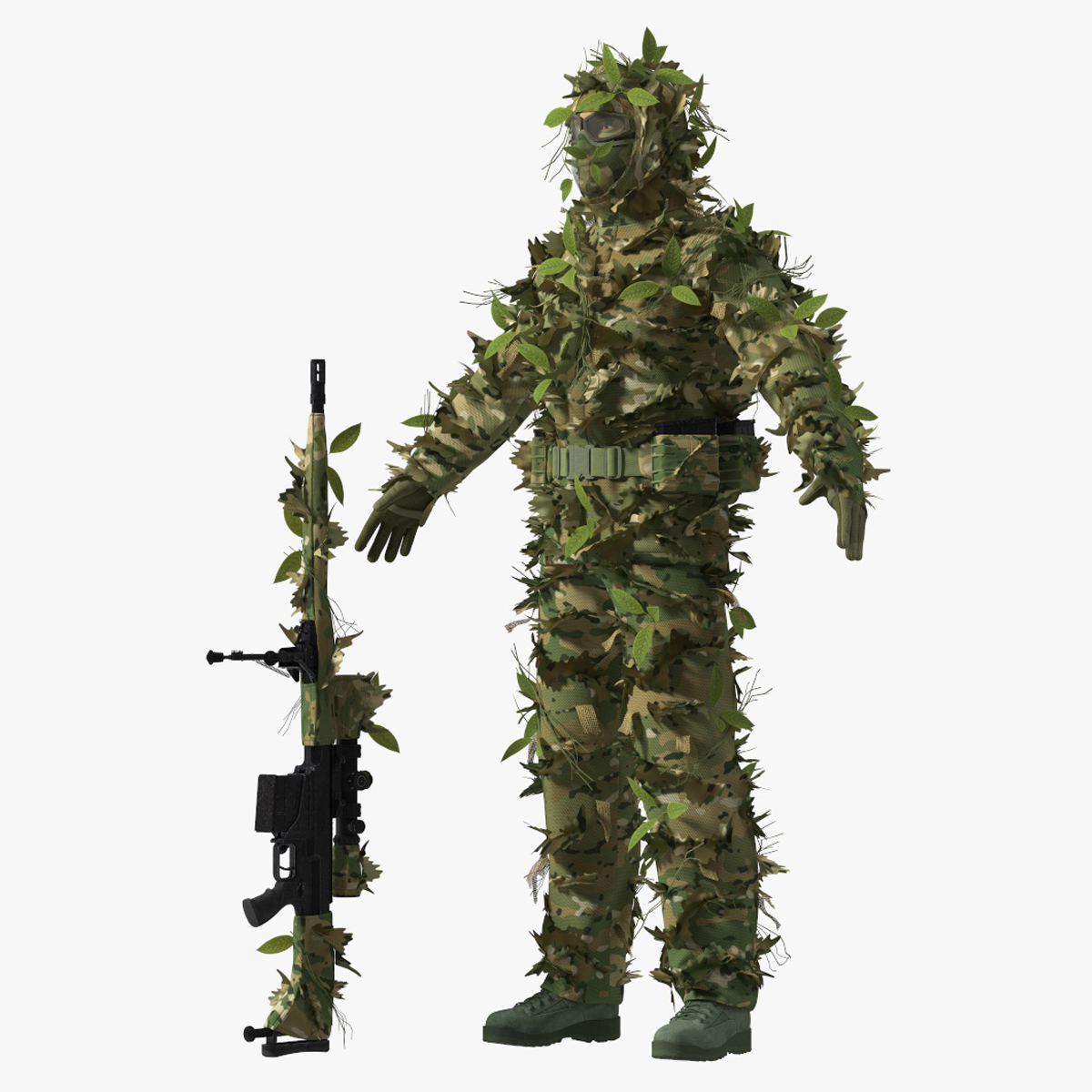 3D Sniper in Leaf Ghillie Suit Rigged for Maya model