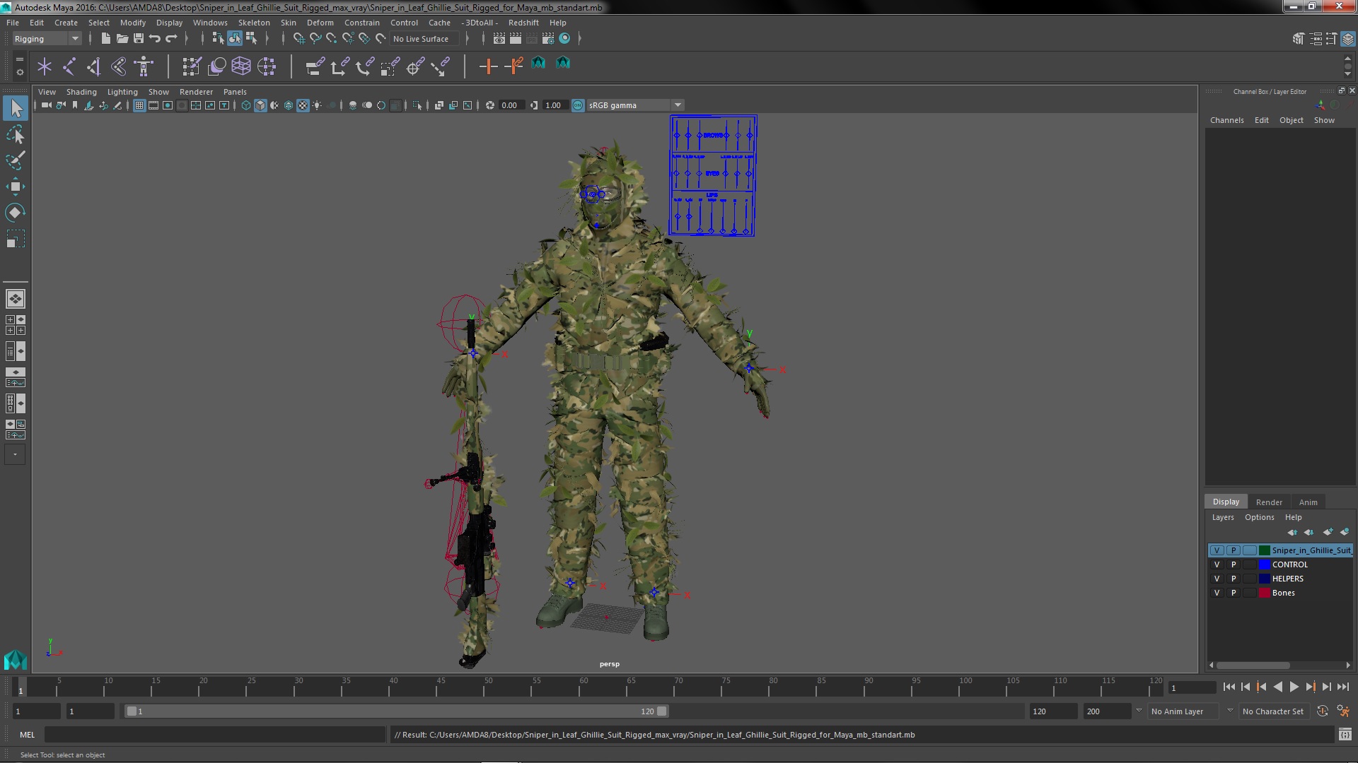 3D Sniper in Leaf Ghillie Suit Rigged for Maya model