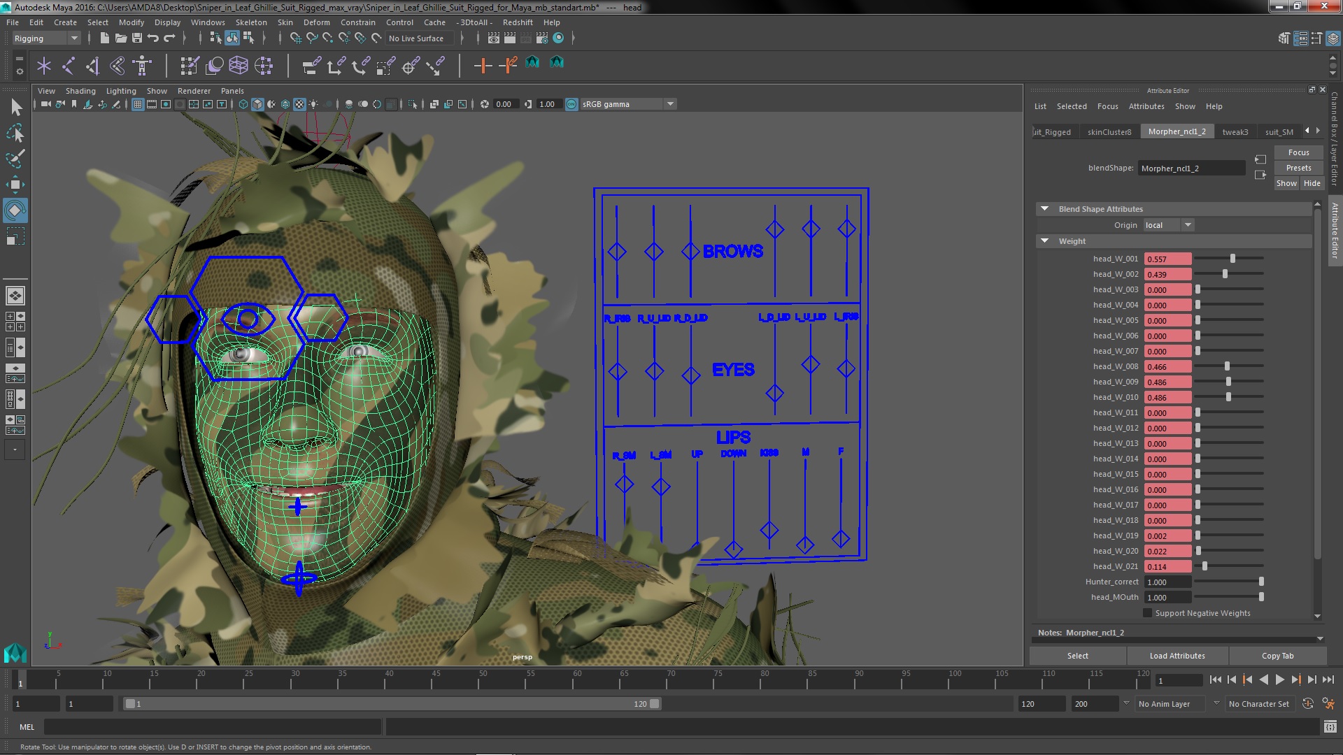 3D Sniper in Leaf Ghillie Suit Rigged for Maya model
