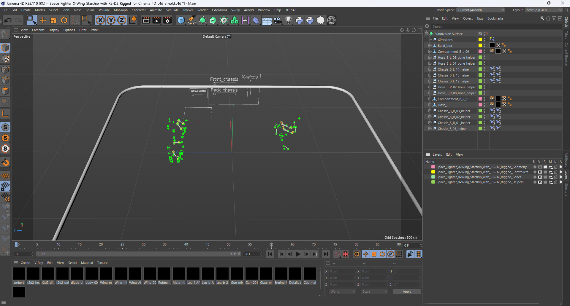 3D Space Fighter X-Wing Starship with R2-D2 Rigged for Cinema 4D
