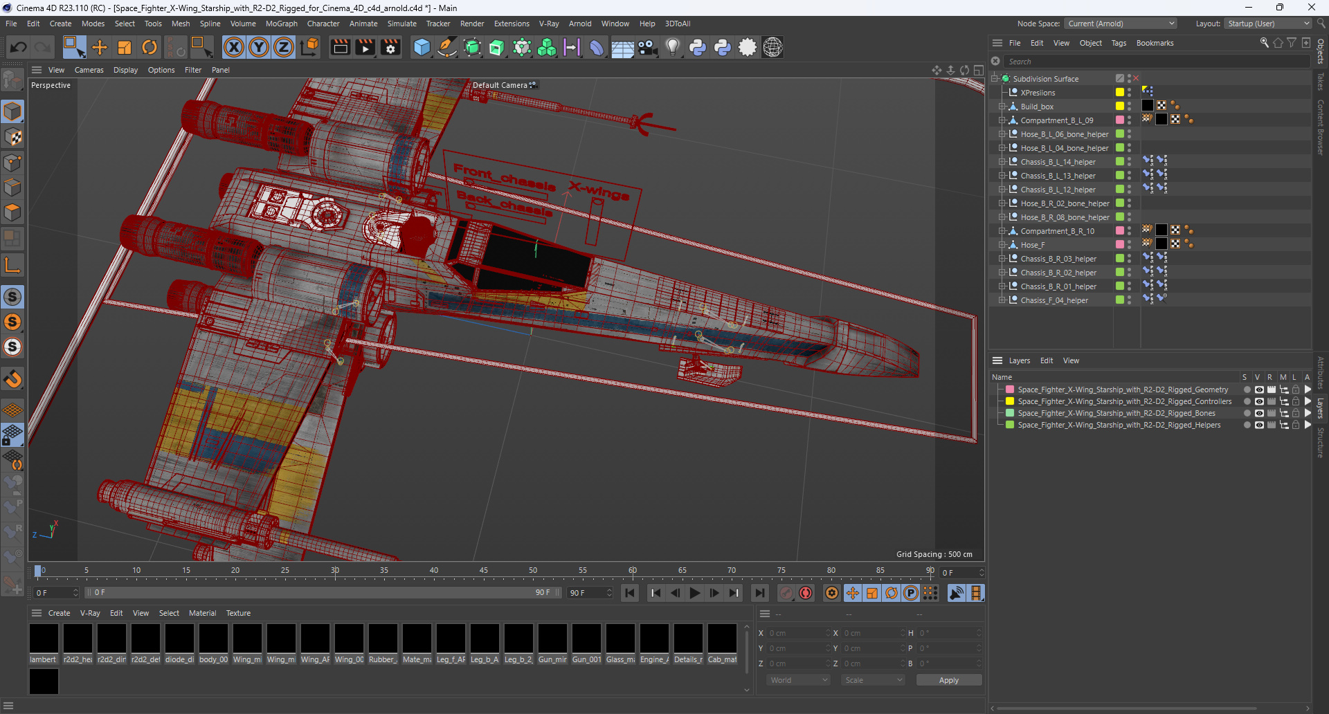 3D Space Fighter X-Wing Starship with R2-D2 Rigged for Cinema 4D