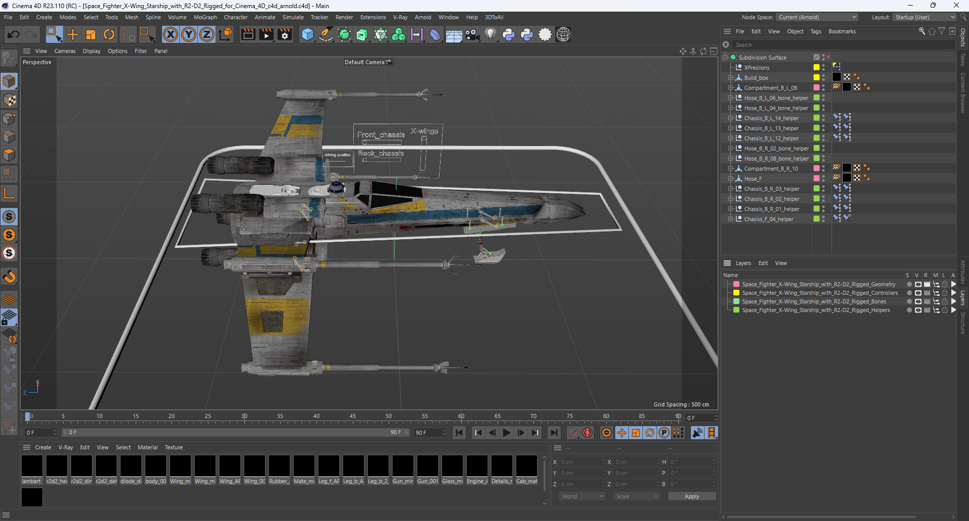 3D Space Fighter X-Wing Starship with R2-D2 Rigged for Cinema 4D