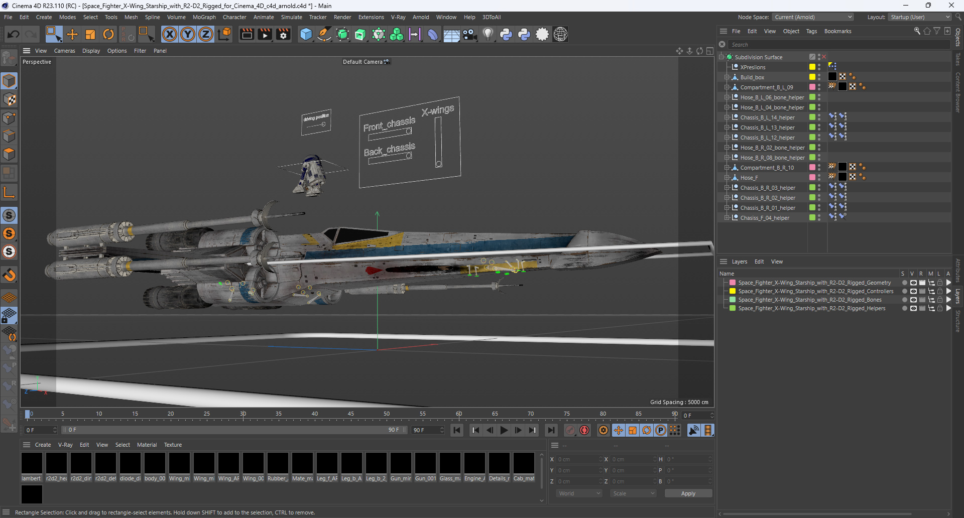 3D Space Fighter X-Wing Starship with R2-D2 Rigged for Cinema 4D