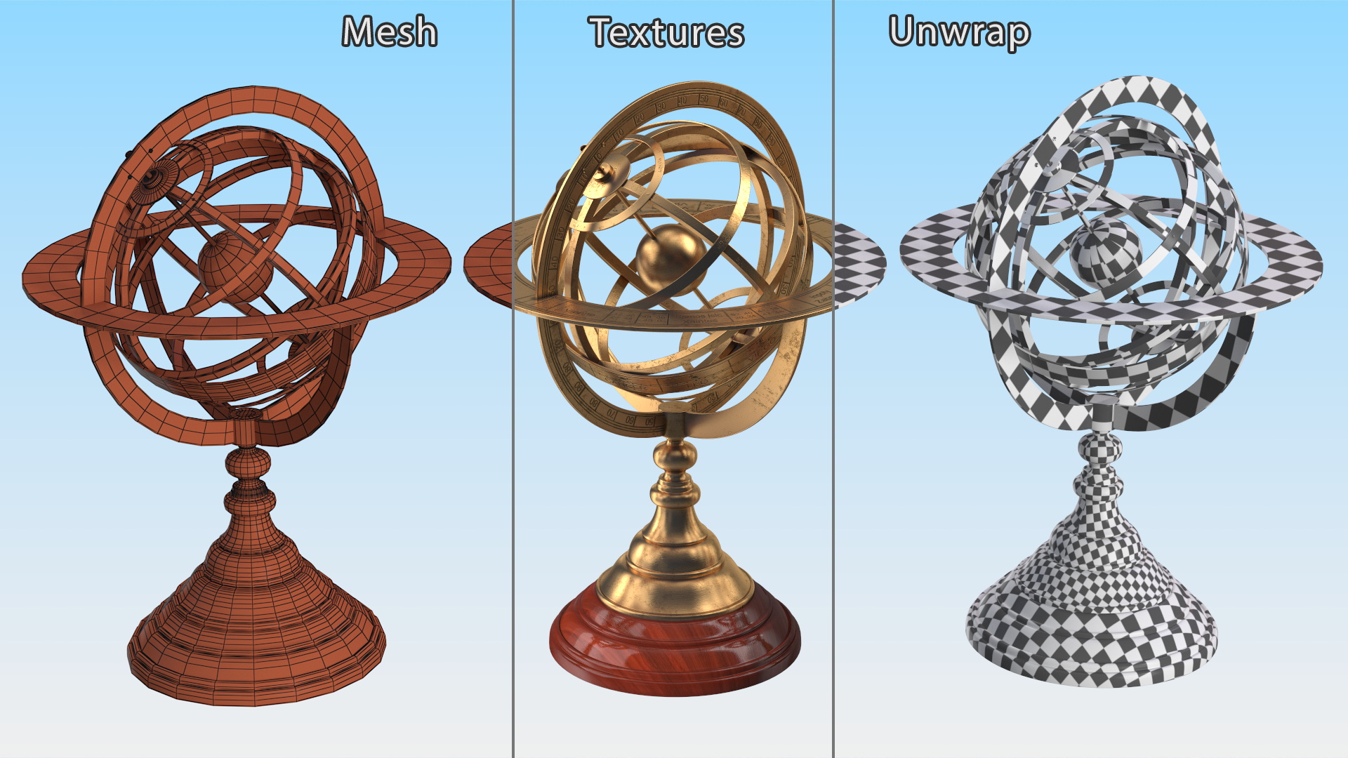 3D Bronze Antique World Globe