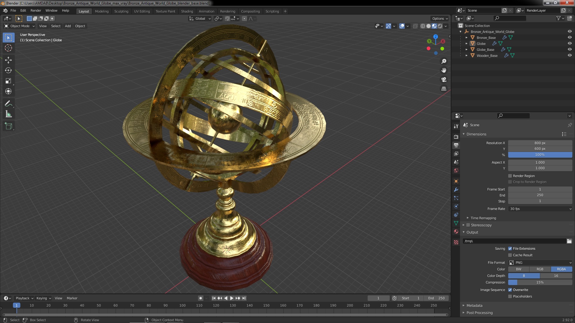 3D Bronze Antique World Globe