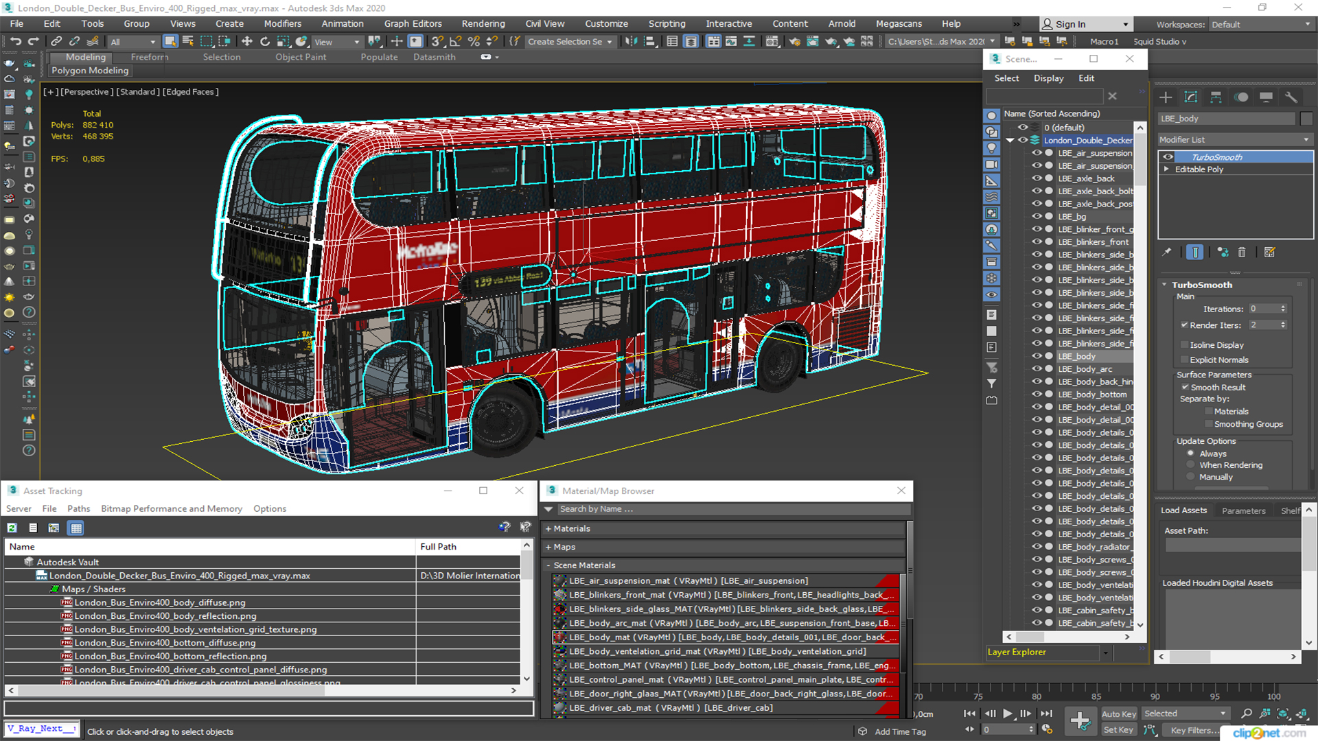 3D London Double Decker Bus Enviro 400 Rigged for Maya